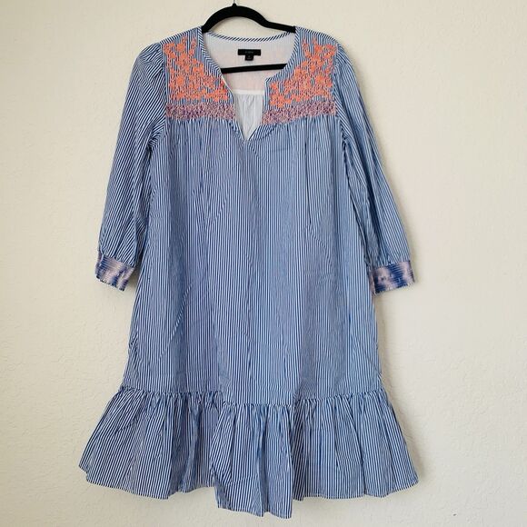 J CREW Leda Dress S Blue Stripe Embroidered Ruffle Hem Boho Cottagecore Peasant - Picture 1 of 15